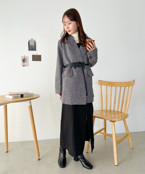 CLEA(クレア)の「2WAYベルト付きチェックテーラードコート(チェスターコート・レディース・ブラック/ブラウン・FREE)」の8枚目の写真