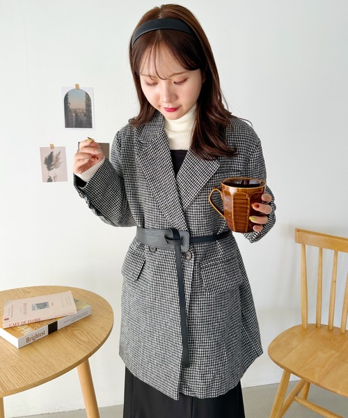 CLEA(クレア)の「2WAYベルト付きチェックテーラードコート(チェスターコート・レディース・ブラック/ブラウン・FREE)」の6枚目の写真