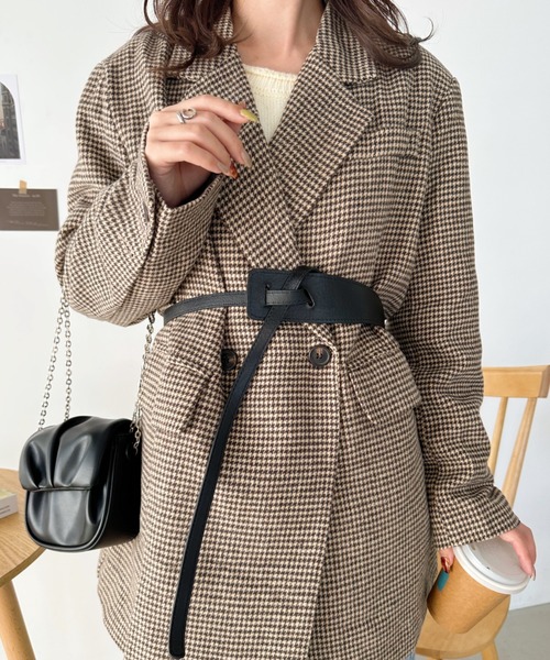 CLEA(クレア)の「2WAYベルト付きチェックテーラードコート(チェスターコート・レディース・ブラック/ブラウン・FREE)」の21枚目の写真