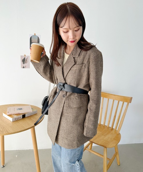 CLEA(クレア)の「2WAYベルト付きチェックテーラードコート(チェスターコート・レディース・ブラック/ブラウン・FREE)」の22枚目の写真