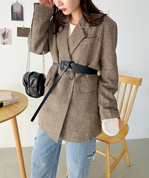 CLEA(クレア)の「2WAYベルト付きチェックテーラードコート(チェスターコート・レディース・ブラック/ブラウン・FREE)」の10枚目の写真