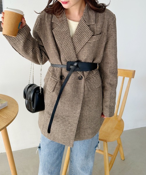 CLEA(クレア)の「2WAYベルト付きチェックテーラードコート(チェスターコート・レディース・ブラック/ブラウン・FREE)」の11枚目の写真