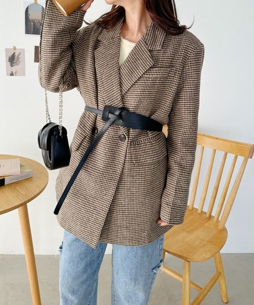 CLEA(クレア)の「2WAYベルト付きチェックテーラードコート(チェスターコート・レディース・ブラック/ブラウン・FREE)」の12枚目の写真