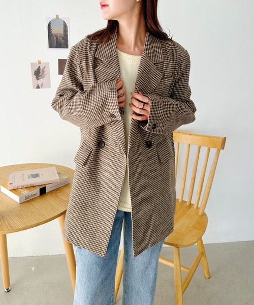 CLEA(クレア)の「2WAYベルト付きチェックテーラードコート(チェスターコート・レディース・ブラック/ブラウン・FREE)」の14枚目の写真