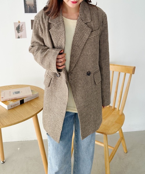 CLEA(クレア)の「2WAYベルト付きチェックテーラードコート(チェスターコート・レディース・ブラック/ブラウン・FREE)」の13枚目の写真