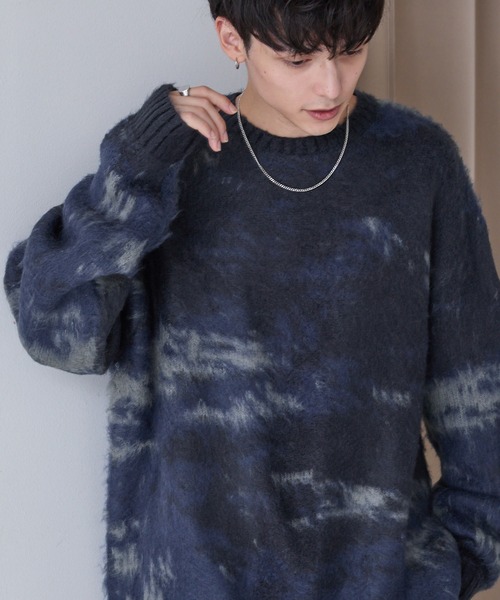 セール】アブストラクトシャギーモヘアライク ルーズクルーネック