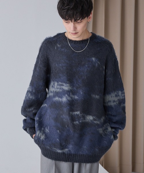 セール】アブストラクトシャギーモヘアライク ルーズクルーネック