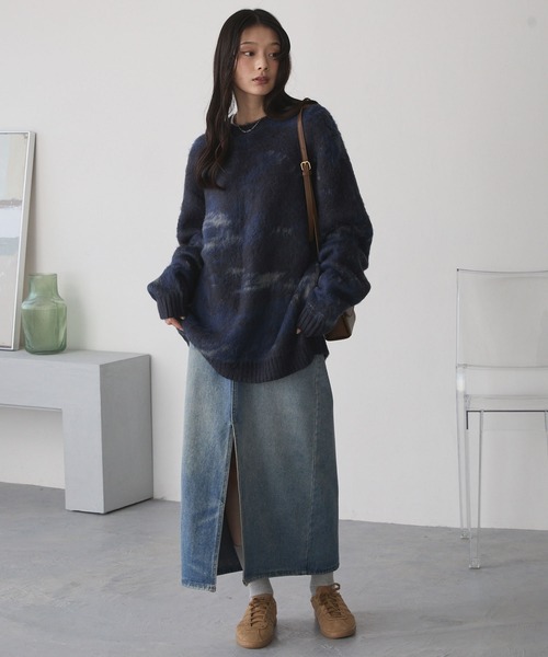 セール】アブストラクトシャギーモヘアライク ルーズクルーネック