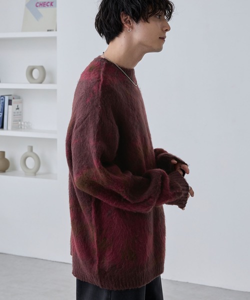 カタログギフトも！ アブストラクトシャギーモヘアライク ルーズクルーネックニット トップス