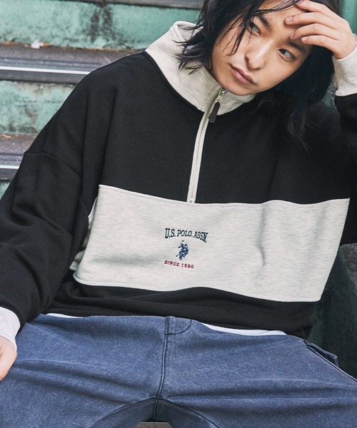 U.S. POLO ASSN.(ユーエスポロアッスン)の「U.S. POLO ASSN. 別注 ワンポイントロゴ刺繍スタンドネックスウェットハーフジップ ビッグシルエット(スウェット・メンズ・ブラック×グレー/ホワイト系/グレー系/ベージュ/アイボリー/ブラック/アッシュグレー・L/M/S)」の4枚目の写真