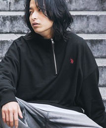 U.S. POLO ASSN. 別注 ワンポイントロゴ刺繍スタンドネックスウェットハーフジップ ビッグシルエット