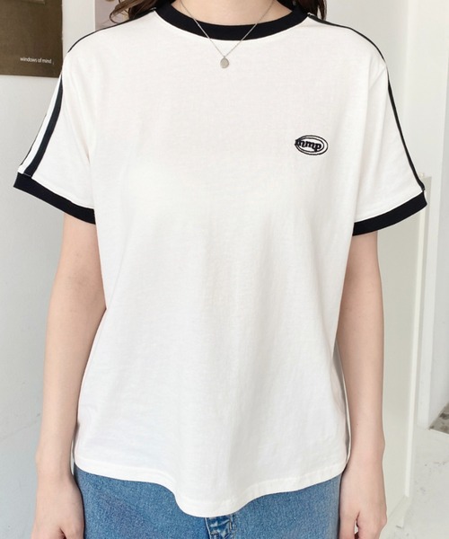 moment+（モーメントプラス）の「綿100％天竺.ワンポイント刺繍配色カラーライン半袖Tシャツ（Tシャツ/カットソー・レディース・オフホワイト/チャコールグレー/オートミール・M/L）」の8枚目の写真