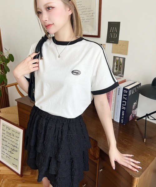 moment+（モーメントプラス）の「綿100％天竺.ワンポイント刺繍配色カラーライン半袖Tシャツ（Tシャツ/カットソー・レディース・オフホワイト/チャコールグレー/オートミール・M/L）」の22枚目の写真