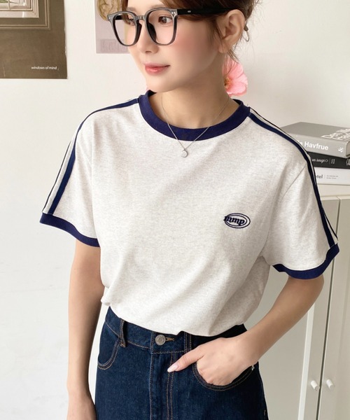 moment+（モーメントプラス）の「綿100％天竺.ワンポイント刺繍配色カラーライン半袖Tシャツ（Tシャツ/カットソー・レディース・オフホワイト/チャコールグレー/オートミール・M/L）」の17枚目の写真