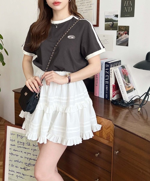 moment+（モーメントプラス）の「綿100％天竺.ワンポイント刺繍配色カラーライン半袖Tシャツ（Tシャツ/カットソー・レディース・オフホワイト/チャコールグレー/オートミール・M/L）」の14枚目の写真