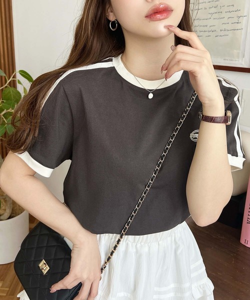 moment+（モーメントプラス）の「綿100％天竺.ワンポイント刺繍配色カラーライン半袖Tシャツ（Tシャツ/カットソー・レディース・オフホワイト/チャコールグレー/オートミール・M/L）」の13枚目の写真