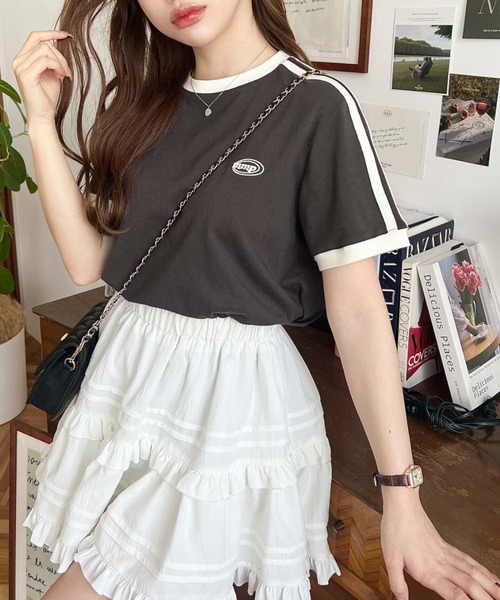 moment+（モーメントプラス）の「綿100％天竺.ワンポイント刺繍配色カラーライン半袖Tシャツ（Tシャツ/カットソー・レディース・オフホワイト/チャコールグレー/オートミール・M/L）」の12枚目の写真