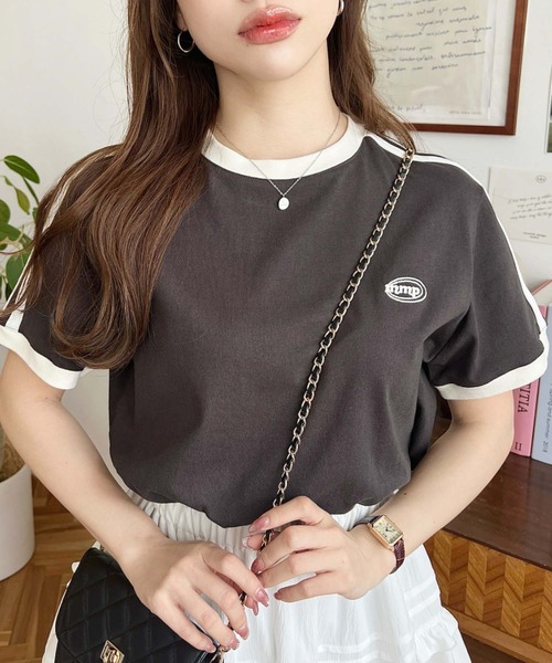 moment+（モーメントプラス）の「綿100％天竺.ワンポイント刺繍配色カラーライン半袖Tシャツ（Tシャツ/カットソー・レディース・オフホワイト/チャコールグレー/オートミール・M/L）」の15枚目の写真