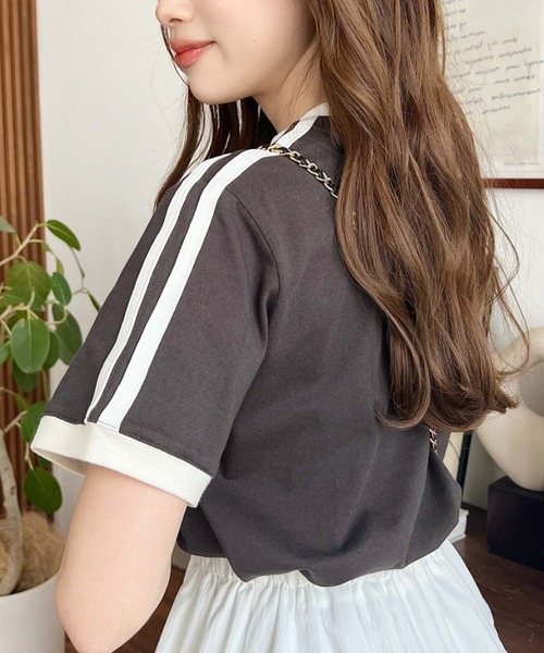 moment+（モーメントプラス）の「綿100％天竺.ワンポイント刺繍配色カラーライン半袖Tシャツ（Tシャツ/カットソー・レディース・オフホワイト/チャコールグレー/オートミール・M/L）」の16枚目の写真