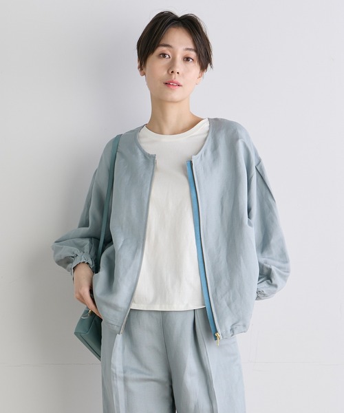 INED CLARO（イネドクラロ）の「イージーケアリネン ノーカラーブルゾン【セットアップ対応】（ブルゾン・レディース・グレー/ブルー・フリー）」の2枚目の写真