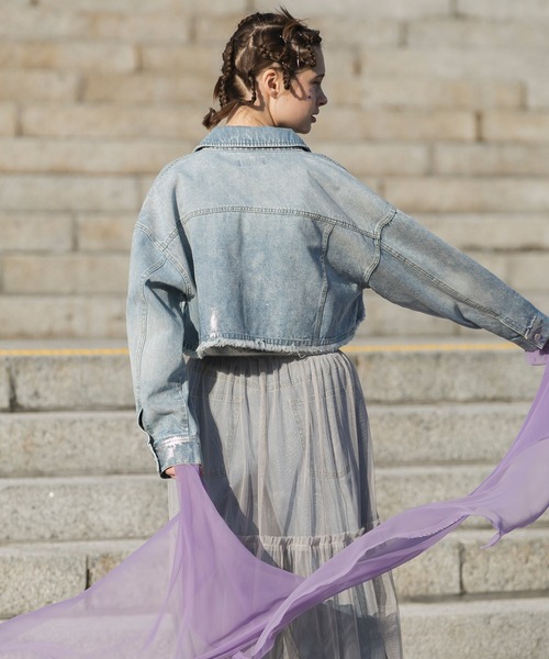 forksy.（フォルクシー）の「【forksy.】クロップドデニムGジャン/箔プリント（デニムジャケット・レディース・ブルー/ダークグレー/サックスブルー系1・FREE）」の9枚目の写真