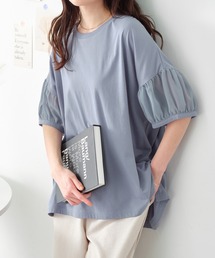 ボリューム袖シフォン切替Tシャツ