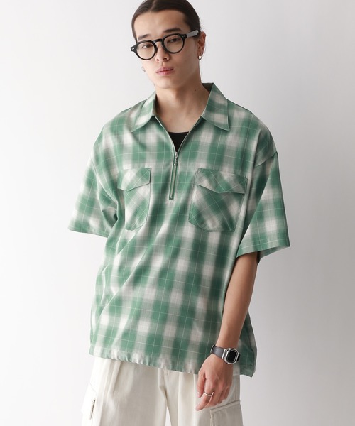 ハーフジップ 半袖 チェック柄 トップス RAGEBLUE（レイジブルー）の「OMBRE CHECK HALF ZIP SHIRTS