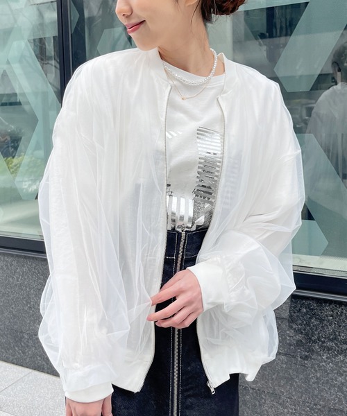 Meli rich（メリーリッチ）の「シアーチュールコンビジップブルゾン（ブルゾン・レディース・ブラック/オフホワイト・FREE）」の2枚目の写真