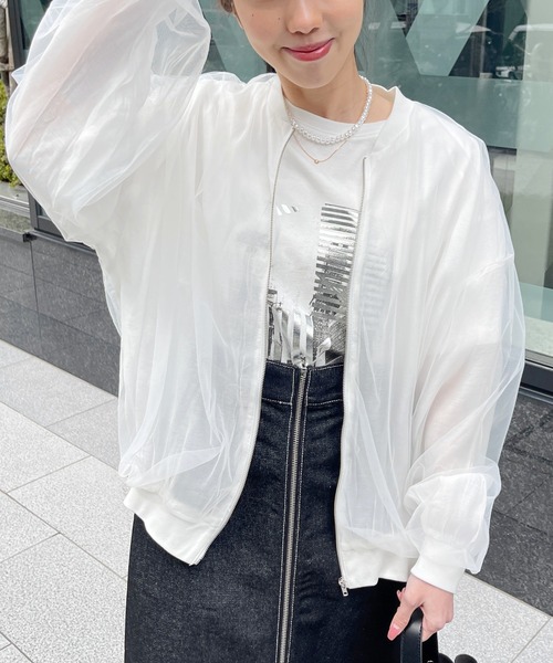 Meli rich（メリーリッチ）の「シアーチュールコンビジップブルゾン（ブルゾン・レディース・ブラック/オフホワイト・FREE）」の5枚目の写真