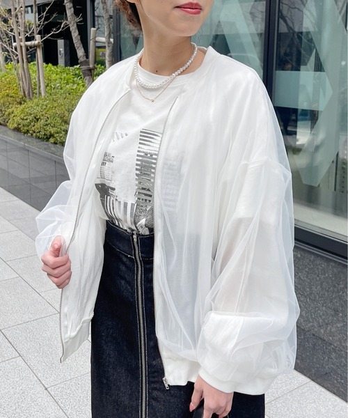 Meli rich（メリーリッチ）の「シアーチュールコンビジップブルゾン（ブルゾン・レディース・ブラック/オフホワイト・FREE）」の6枚目の写真