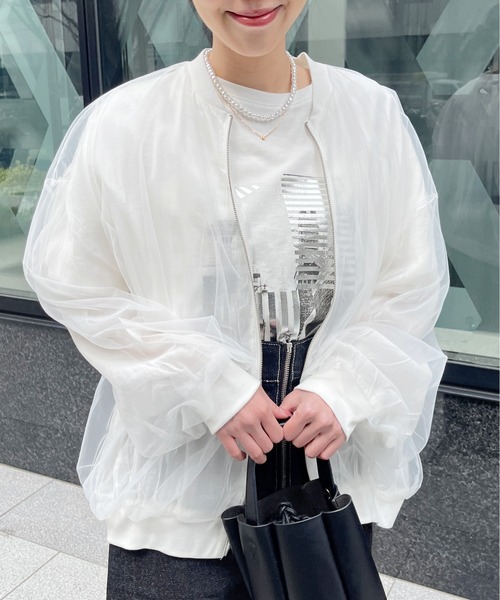 Meli rich（メリーリッチ）の「シアーチュールコンビジップブルゾン（ブルゾン・レディース・ブラック/オフホワイト・FREE）」の8枚目の写真