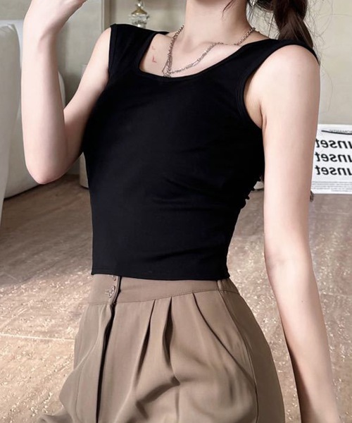 Lace Ladies（レースレディース）の「スクエアネック バッククロス クロップド カップ付き タンクトップ（タンクトップ・レディース・グレー/ブラック/グリーン/ホワイト・FREE）」の5枚目の写真