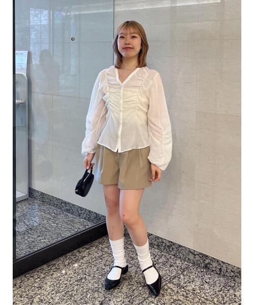 FREE'S MART（フリーズマート）の「◆Vネックシャーリングブラウス（シャツ/ブラウス・レディース・ホワイト/ピンク/ブラック・FREE）」の6枚目の写真