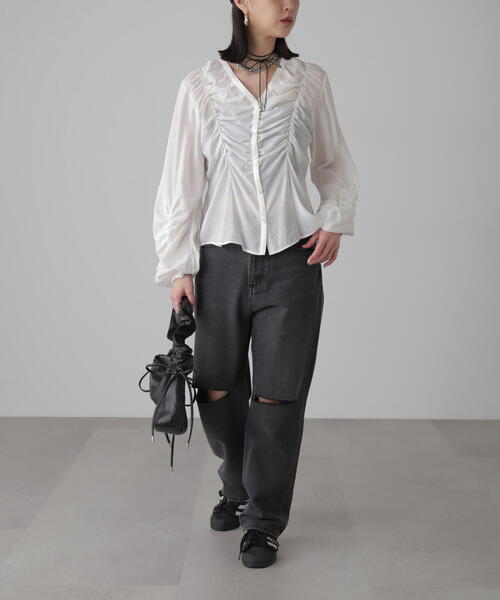 FREE'S MART（フリーズマート）の「◆Vネックシャーリングブラウス（シャツ/ブラウス・レディース・ホワイト/ピンク/ブラック・FREE）」の10枚目の写真