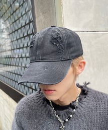XU | ストリートファッション XU エックスユー damage cap ダメージキャップ 帽子 デニムキャップ ブラックキャップ 黒キャップ 韓国ファッション 韓国 ストリート(キャップ)