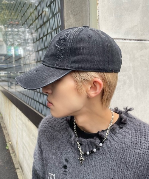 XU（エックスユー）の「ストリートファッション XU エックスユー damage cap ダメージキャップ 帽子 デニムキャップ ブラックキャップ 黒キャップ 韓国ファッション 韓国 ストリート（キャップ・メンズ・ブラック・ONE SIZE）」の15枚目の写真