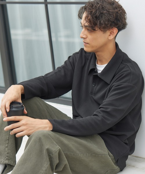 coca（coca）（コカ）の「エンボス加工ポロカラーロングTシャツ（ポロシャツ・メンズ・ブラック/ライトグレー・M/L/XL）」の12枚目の写真