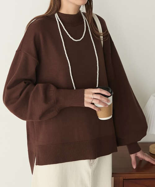 BONLECILL（ボンルシール）の「【至福のカヌレニット】ボリュームスリーブプチハイネックニットプルオーバー（ニット/セーター・レディース・レッド/ピンク/ブルー/杢グレー/ホワイト×ブラック/アイボリー/グリーン/ブラウン/オレンジ/ネイビー・M/L）」の4枚目の写真