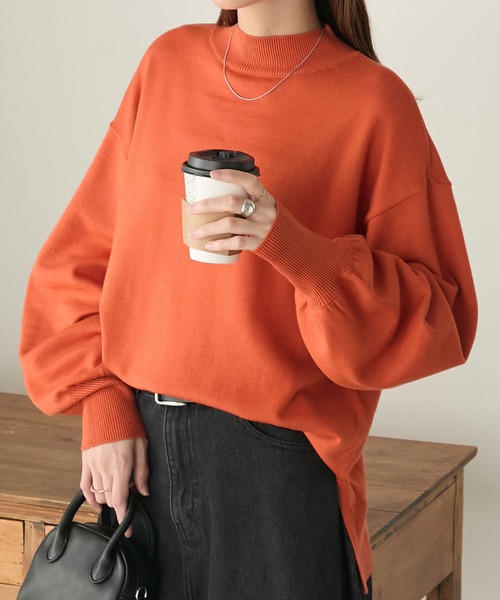 BONLECILL（ボンルシール）の「【至福のカヌレニット】ボリュームスリーブプチハイネックニットプルオーバー（ニット/セーター・レディース・レッド/ピンク/ブルー/杢グレー/ホワイト×ブラック/アイボリー/グリーン/ブラウン/オレンジ/ネイビー・M/L）」の10枚目の写真