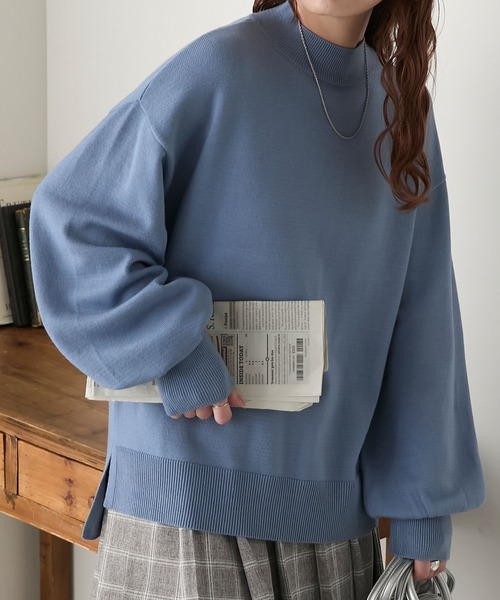 BONLECILL（ボンルシール）の「【至福のカヌレニット】ボリュームスリーブプチハイネックニットプルオーバー（ニット/セーター・レディース・レッド/ピンク/ブルー/杢グレー/ホワイト×ブラック/アイボリー/グリーン/ブラウン/オレンジ/ネイビー・M/L）」の7枚目の写真