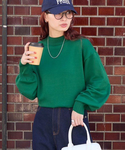 BONLECILL（ボンルシール）の「【至福のカヌレニット】ボリュームスリーブプチハイネックニットプルオーバー（ニット/セーター・レディース・レッド/ピンク/ブルー/杢グレー/ホワイト×ブラック/アイボリー/グリーン/ブラウン/オレンジ/ネイビー・M/L）」の5枚目の写真