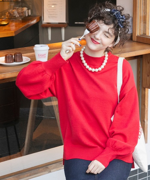 BONLECILL（ボンルシール）の「【至福のカヌレニット】ボリュームスリーブプチハイネックニットプルオーバー（ニット/セーター・レディース・レッド/ピンク/ブルー/杢グレー/ホワイト×ブラック/アイボリー/グリーン/ブラウン/オレンジ/ネイビー・M/L）」の21枚目の写真