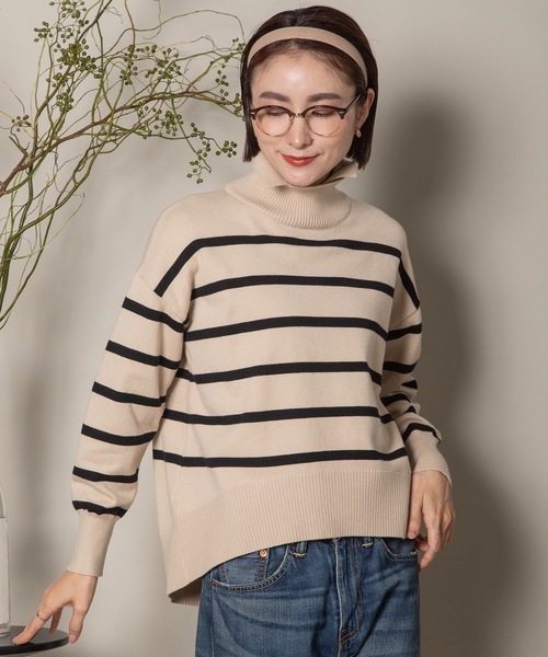 MHBG TOKYO(エムエイチビージートーキョー)の「襟付きハイゲージタートルニット(ニット/セーター・レディース・ブラック/ベージュ/ブラック系その他/ベージュ系その他・FREE)」の4枚目の写真