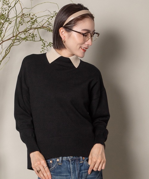 MHBG TOKYO(エムエイチビージートーキョー)の「襟付きハイゲージタートルニット(ニット/セーター・レディース・ブラック/ベージュ/ブラック系その他/ベージュ系その他・FREE)」の6枚目の写真