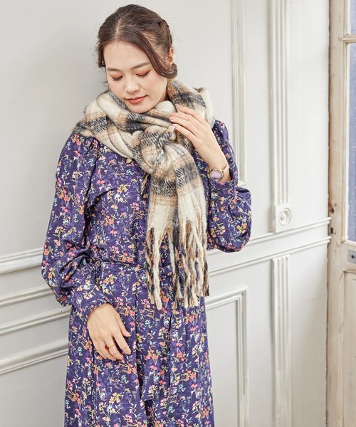 欧州航路（オウシュウコウロ）の「【欧州航路】カラフルチェックマフラー（マフラー・レディース・ライトブルー/オリーブ/ホワイト/オレンジ・FREE）」の9枚目の写真