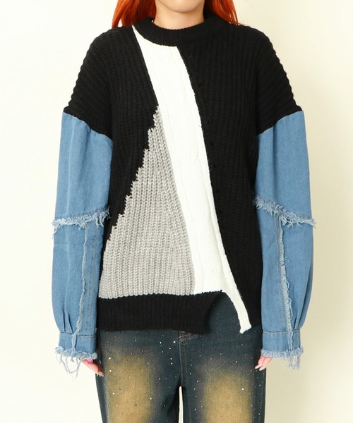 レア✨DIESEL デニム切替デザイン リブ編みニット エルボーパッチ M