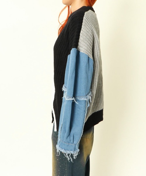 セール】《異素材ダメージ袖》レディース 配色ニットプルオーバー