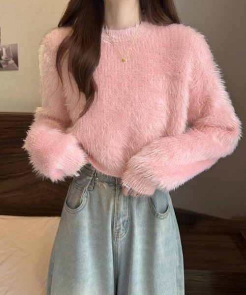 Miniministore(ミニミニストア)の「ショート丈 シャギーニットトップス韓国風(ニット/セーター・レディース・ベージュ/ライトパープル/ミント/ピンク/ホワイト/ブルー/ブラック・FREE)」の7枚目の写真