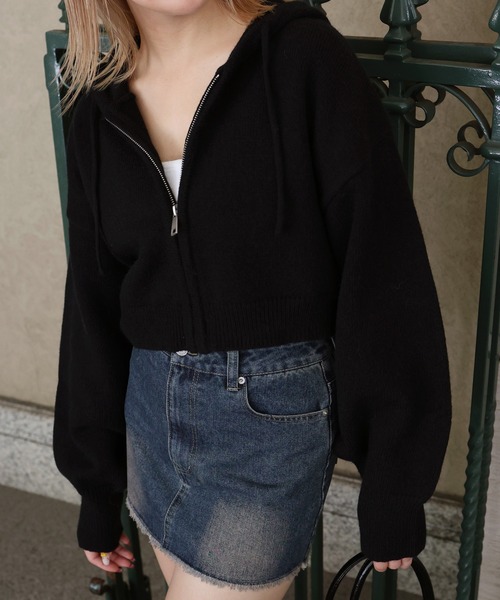 【パーティーに！】新品Mサイズ　シックパープル×黒ドットツーピース　黒ｇ2019 セール】ダブルジップショート丈オーバーサイズニットパーカー（ニット