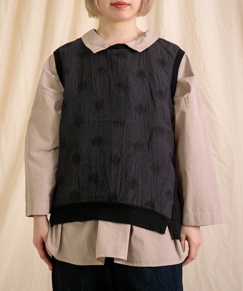 tシャツ 「prit」 綿麻ムラ糸天竺×リネンガーベラ刺繍 切替コクーンPO レディース セール】[prit] 綿麻ムラ糸天竺×リネンガーベラ刺繍 切替
